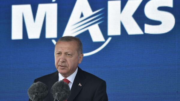  الرئيس التركي رجب طيب أردوغان في معرض ماكس 2019 للطيران الجوي في مطار جوكوفسكي في ضواحي موسكو، 27 أغسطس/ آب 2019 - سبوتنيك عربي