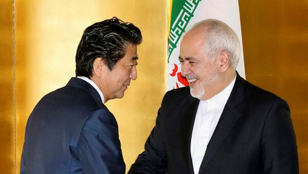 وزير الخارجية الإيراني محمد جواد ظريف خلال اجتماعه مع رئيس الوزراء الياباني شينزو آبي في طوكيو  - سبوتنيك عربي