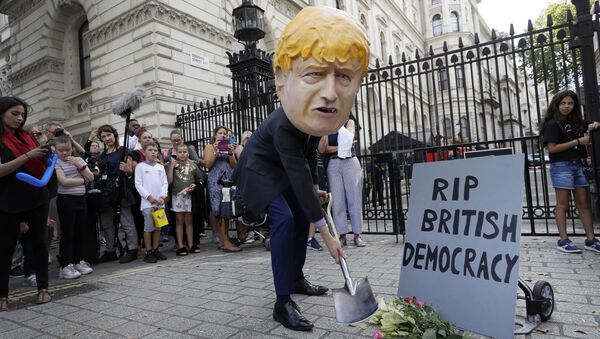 مظاهرات في شوارع لندن احتجاجا على قرار الملكة البريطانية إليزابيث الثانية بتعليق البرلمان، 28 أغسطس/ آب 2019 - سبوتنيك عربي