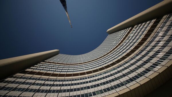 راية تحمل شعار الوكالة الدولية للطاقة الذرية تحلق في منتصف الصاري في مقر الأمم المتحدة في فيينا - سبوتنيك عربي