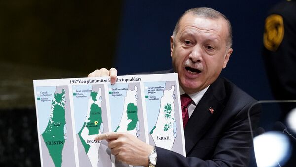الرئيس التركي رجب طيب أردوغان يرفع خارطة فلسطين التاريخية في الأمم المتحدة. - سبوتنيك عربي