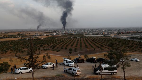 الدخان يتصاعد في مدينة رأس العين السورية كما يظهر من الحدودية التركية - سبوتنيك عربي