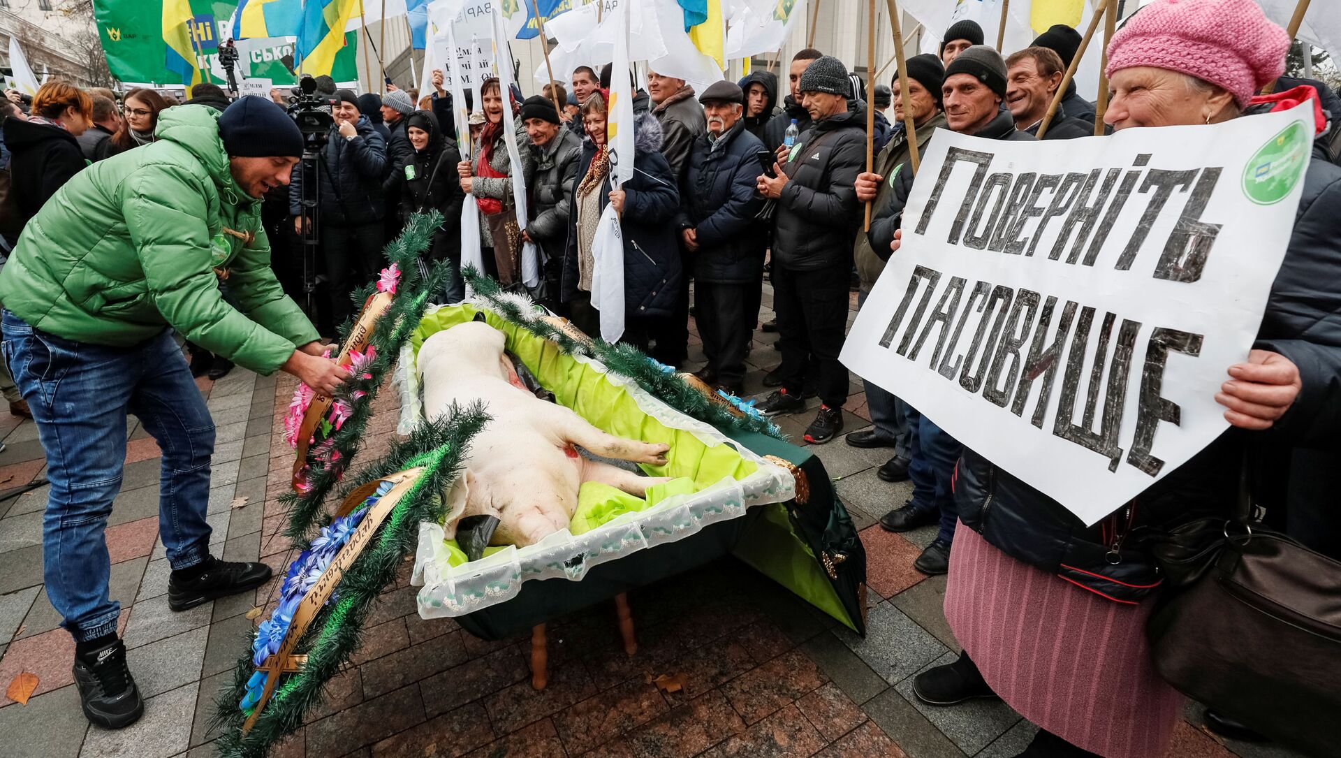 خنزير ميت في كفن خلال احتجاجت موظفي الزراعة وأصحاب الأملاك في كييف، أوكرانيا  13 نوفمبر 2019 - سبوتنيك عربي, 1920, 19.07.2021