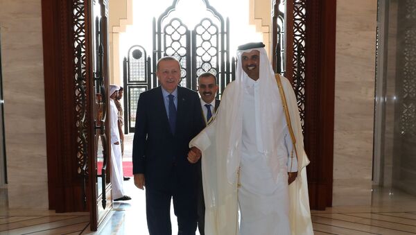 أمير قطر الشيخ تميم بن حمد آل ثاني يستقبل الرئيس التركي رجب طيب أردوغان في الديوان الأميري القطري في الدوحة - سبوتنيك عربي