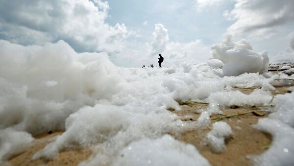 رغوة بيضاء سامة تغطي شواطئ مارينا في تشيناي، الهند 29 نوفمبر 2019 - سبوتنيك عربي