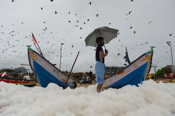 رغوة بيضاء سامة تغطي شواطئ مارينا في تشيناي، الهند 1 ديسمبر 2019 - سبوتنيك عربي