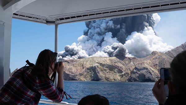 سياح يلتقطون صور لثوران بركان على جزيرة وايت آيلند في نيوزيلندا، 9 ديسمبر 2019 - سبوتنيك عربي