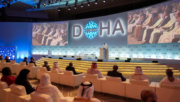 أمير قطر الشيخ تميم بن حمد آل ثاني يتحدث خلال افتتاح منتدى الدوحة في الدوحة - سبوتنيك عربي