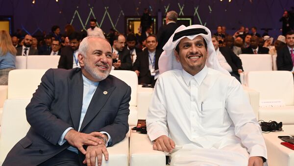 وزير الخارجية القطري، محمد بن عبد الرحمن آل ثاني مع وزير الخارجية الإيراني محمد جواد ظريف - سبوتنيك عربي