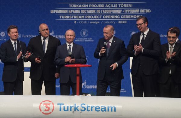  تدشين التيار التركي بحضور الرئيس الروسي فلاديمير بوتين والرئيس التركي رجب طيب أردوغان، 8 يناير 2020 - سبوتنيك عربي