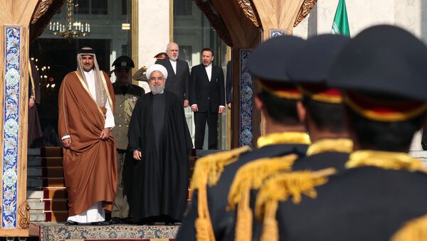 الرئيس الإيراني حسن روحاني مع أمير قطر الشيخ تميم بن حمد بن خليفة آل ثاني خلال حفل استقبال في طهران - سبوتنيك عربي