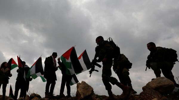 متظاهرون في وادي الأردن في الضفة الغربية التي تحتلها إسرائيل يحملون الأعلام الفلسطينية أمام الجنود الإسرائيليين خلال احتجاج على خطة الرئيس الأمريكي دونالد ترامب للسلام في الشرق الأوسط  - سبوتنيك عربي