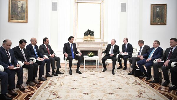 الرئيس الروسي فلاديمير بوتين وأمير دولة قطر الشيخ تميم بن حمد آل ثاني خلال اجتماع - سبوتنيك عربي