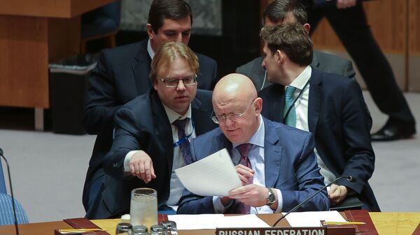 سفير روسيا في الأمم المتحدة فاسيلي نيبينزيا في اجتماع مجلس الأمن التابع للأمم المتحدة في مقر الأمم المتحدة في نيويورك بالولايات المتحدة - سبوتنيك عربي