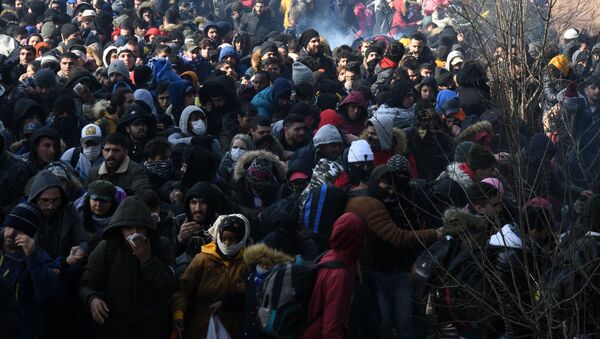 مهاجرون في معبر بازاركول الحدودي في تركيا، الحدود التركية اليونانية، 29 فبراير 2020 - سبوتنيك عربي