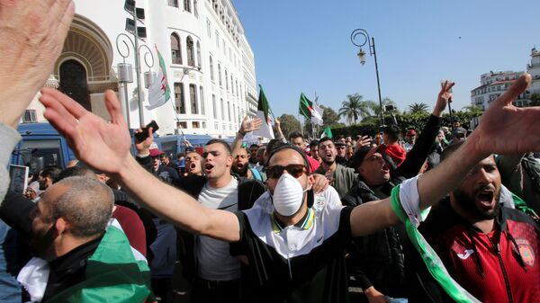 متظاهر يرتدي قناع الوجه خلال احتجاج مناهض للحكومة في الجزائر العاصمة - سبوتنيك عربي