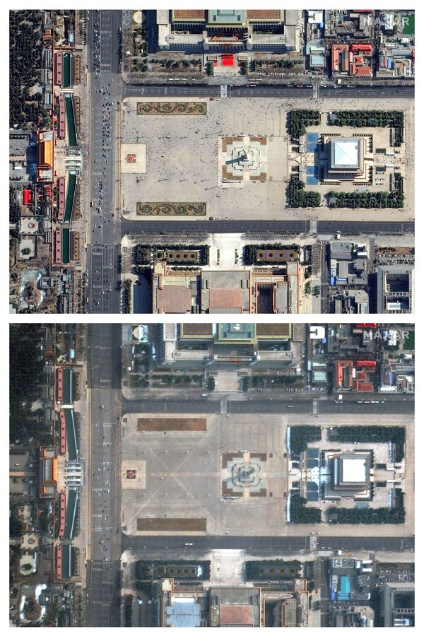ميدان تيانانمين في بكين قبل انتشار فيروس كورونا في 21 فبراير/ شباط 2019، والصورة الثانية تظهر المكان خلال ظهور فيروس كورونا في 11 فبراير 2020 - سبوتنيك عربي