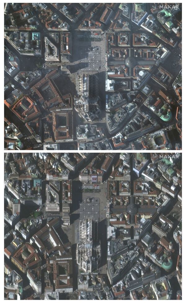 تظهر مجموعة من صور الأقمار الصناعية كاتدرائية ميلانو قبل انتشار فيروس كورونافي إيطاليا، 22 يناير/ كانون الثاني 2020 (أعلى)، والصورة الأخرى تظهر نفس الموقع أثناء انتشار الفيروس  في 4 مارس/ آذار 2020 - سبوتنيك عربي