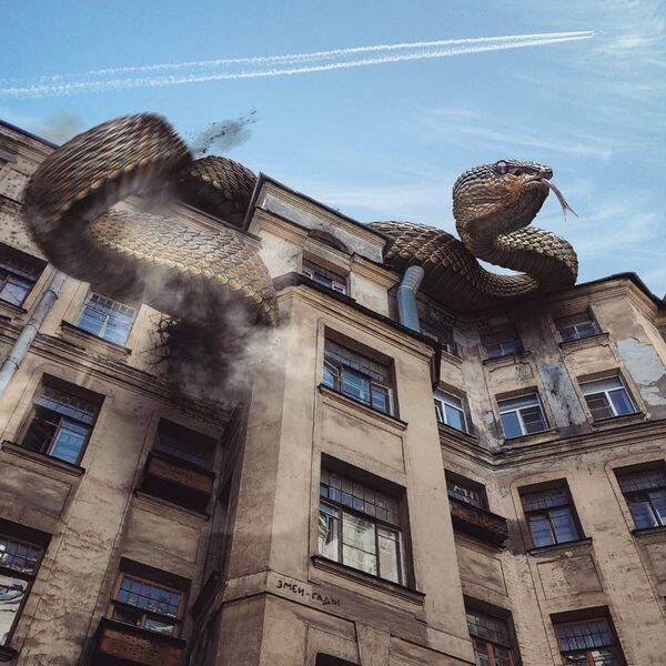 أفعى على مبنى في مدينة سان بطرسبرغ من عمل الفنان الروسي فاديم سولوفيوف - سبوتنيك عربي