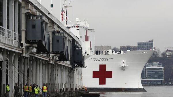 وصول مستشفى متنقل تابع للبحرية الأمريكية إلى نيويورك، لمساعدة الأطباء في مكافحة فيروس كورونا، الولايات المتحدة 30 مارس 2020 - سبوتنيك عربي