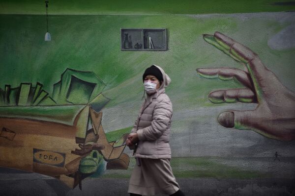 هذه الصورة التقطت في 28 فبراير 2020، حيث يظهر فيها مواطنة تسير على خلفية جدارية في مدينة ووهان في مقاطعة هوبي وسط الصين - سبوتنيك عربي
