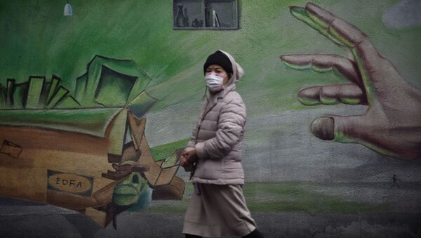 هذه الصورة التقطت في 28 فبراير 2020، حيث يظهر فيها مواطنة تسير على خلفية جدارية في مدينة ووهان في مقاطعة هوبي وسط الصين - سبوتنيك عربي