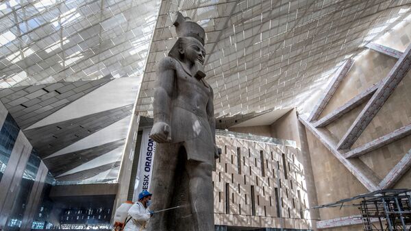  تعقيم تمثال رمسيس الثاني ضد فيروس كورونا في المتحف المصري الكبير، الذي شيد حديثا في الجيزة بضواحي  القاهرة ، 13 أبريل 2020. - سبوتنيك عربي