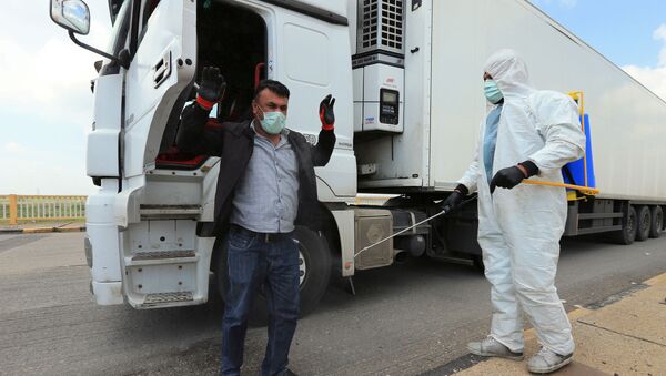 عامل صحي يرتدي بدلة واقية يرش سائق يرتدي قناع وجه بعد تفشي مرض فيروس كورونا في دهوك في العراق - سبوتنيك عربي
