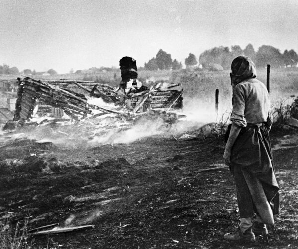 صور من أرشيف الحرب الوطنية العظمى (1941 - 1945) - امرأة تقف وسط حقل أحرقه النازيون في إحدى قرى بيلاروسيا قبل الانسحاب منها، 1944 - سبوتنيك عربي