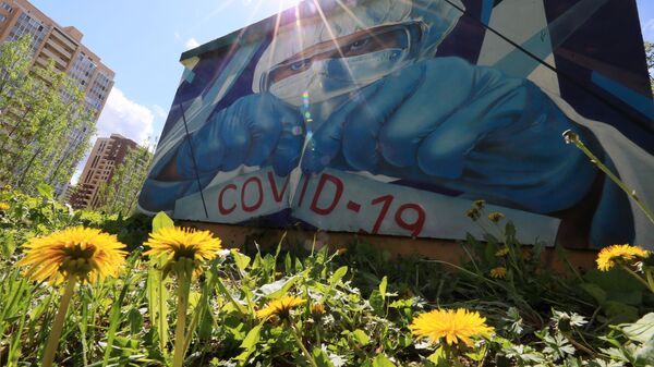 رسم غرافيتي لدعم الأطباء في مكافحة المرض الفيروس كوفيد -19، الذي يسببه فيروس كورونا، للفنانين ميخائيل وسيرغي يروفيف على أحد منازل مدينة كراسنوغورسك بضواحي موسكو - سبوتنيك عربي