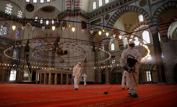  عملية في مسجد السُليمانية في اسطنبول، حيث تبقى المساجد مغلقة أمام المصلين بسبب انتشار كورونا في تركيا 26 مايو 2020 - سبوتنيك عربي