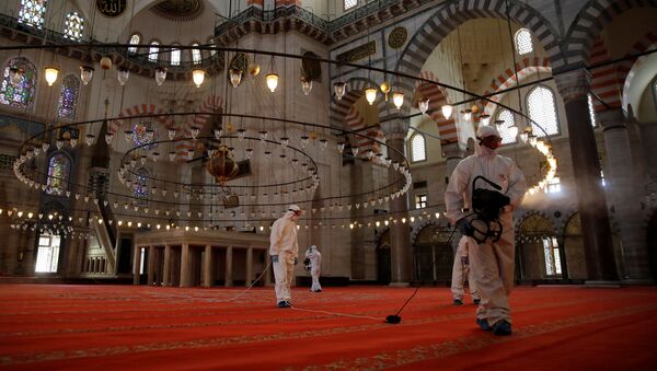  عملية في مسجد السُليمانية في اسطنبول، حيث تبقى المساجد مغلقة أمام المصلين بسبب انتشار كورونا في تركيا 26 مايو 2020 - سبوتنيك عربي