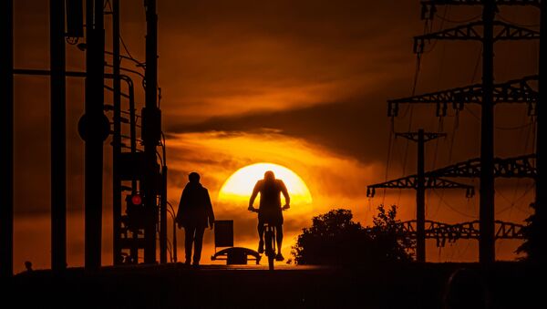 رجل يركب دراجة هوائية في حديقة على خلفية غروب الشمس، حيث دخلت موسكو المرحلة الثانية من رفع القيود المفروضة بسبب كورونا، 14 يونيو 2020 - سبوتنيك عربي